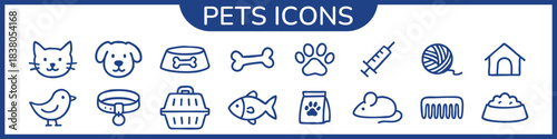 Pet and Veterinary Line Editable Icons set. Vector illustration for web and mobile app. Domestic pets related icons: dog, cat, pet carrier, pet bowl, and more. Rough Minimal Line Icons