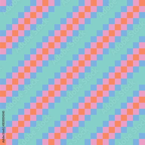 Diagonal lines of overlapping squares created from pale blue, pink and orange squares on a mint green background