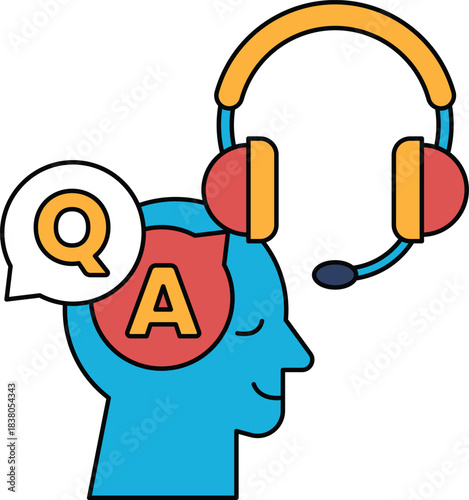 A man with a headset on his head and a Q on his forehead