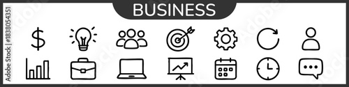 Set of 14 Business icons. Business and Finance web icons in rough minimal line icons style. Money, bank, contact, infographic. Icon collection. Vector illustration