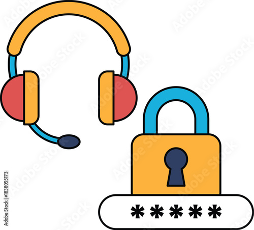 A black and white drawing of a headset and a lock
