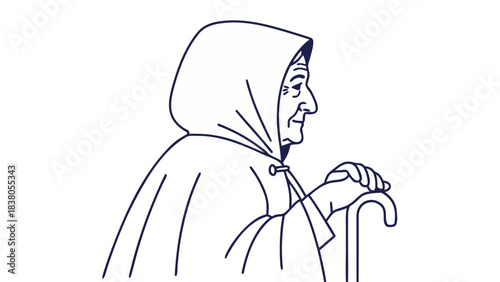 Profile Portrait Of An Elderly Woman Wearing A White Headscarf And A Dark Cloak Holding A Cane On A Black Background