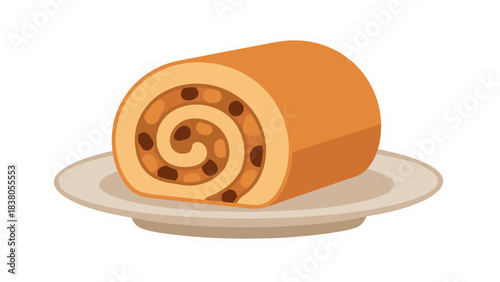 Pixel Art Swiss Roll Pastry With Chocolate Chips On A Plate Isolated On Black Background