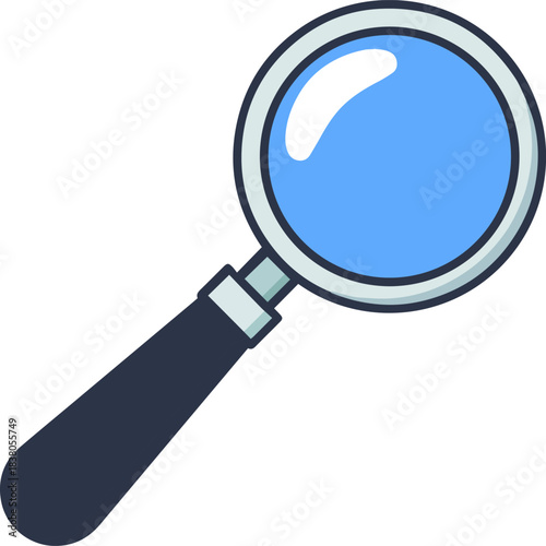 Cartoon magnifying glass search tool, flat comic vector icon illustration