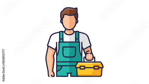 Pixelated man in teal overalls and white t-shirt holding yellow toolbox against black background professional illustration