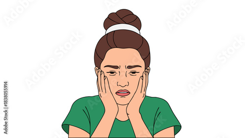 Pixelated Portrait Of A Woman In A Green T Shirt With Her Hands On Her Face In Pain With Her Eyes Closed On A Black Background