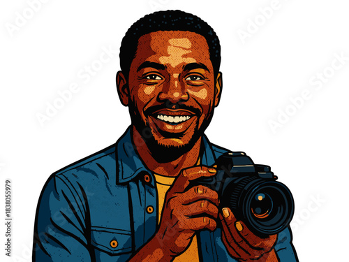 cheerful man aiming a DSLR camera, ideal for photography, content creation, and creative industry themes. Generative ai vector colorful pop art illustration.