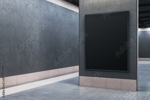 Vertical black blank poster frame on modern stone wall in clean indoor exhibition or gallery room with tiled floor and abstract background display. 3D Rendering