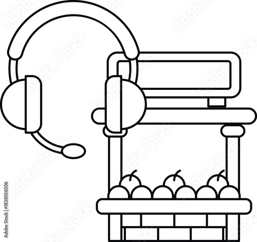 A black and white drawing of a person wearing a headset and a computer monitor