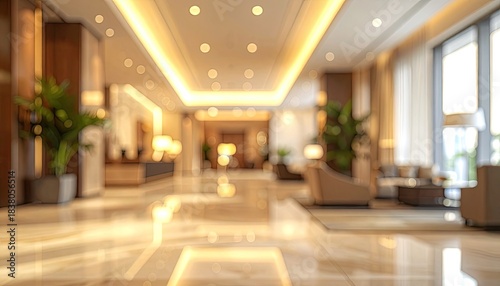 Blurred abstract view of a luxurious, warmly lit modern hotel lobby interior.