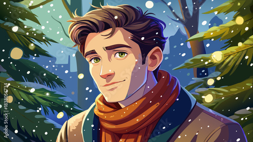 Very beautiful close-up portrait of a young man in a knitted winter scarf, gentle snow falling around him, Christmas ambience with warm lights, relaxed expression and festive seasonal mood in a natura