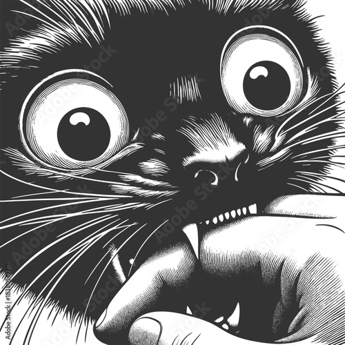wild-eyed black cat biting a human hand, showing fangs and claws in a dramatic pose sketch engraving generative ai fictional character vector illustration. Scratch board imitation. Black and white.