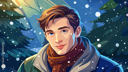 Very beautiful close-up portrait of a young man in a knitted winter scarf, gentle snow falling around him, Christmas ambience with warm lights, relaxed expression and festive seasonal mood in a natura