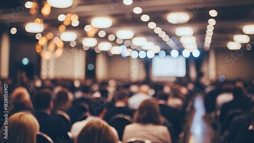 Large audience attending a conference in a modern auditorium with bright lighting and digital screens creating an engaging learning environment