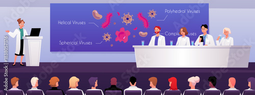 Doctor giving speech on conference, medicine seminar from tribune for audience, viruses molecules, science seminar