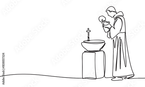 Continuous Line Drawing of a Monk Baptizing a Baby at a Font