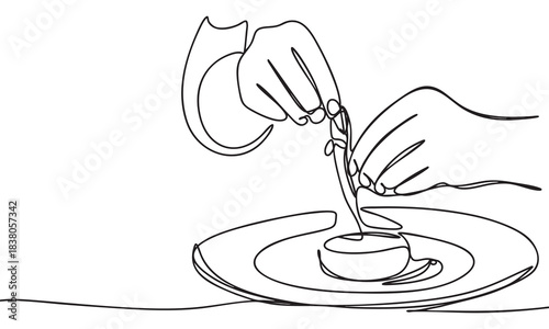 Elegant One-Line Drawing of Hands Plating a Dish