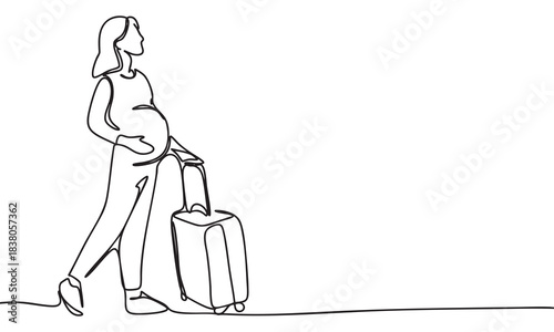 Pregnant Woman Traveling with Suitcase - Continuous Line Art