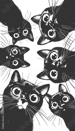 Adorable group of curious black cats with big eyes peering downward sketch engraving generative ai fictional character vector illustration. Scratch board imitation. Black and white image.