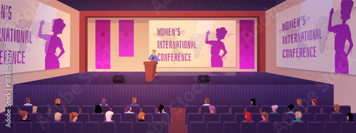 Women international conference, woman speaker speaks on stage in front audience, vector flat illustration female meeting