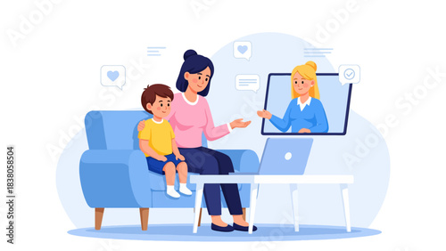 Mother and child on sofa having a video call with a female consultant on a laptop.