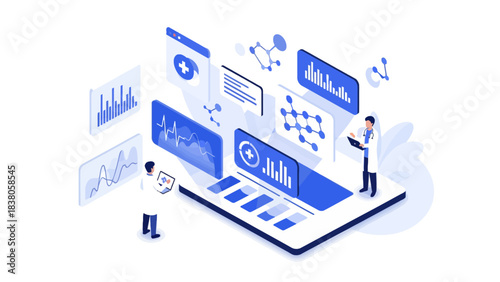 Two scientists analyze complex data visualizations and molecular structures on a futuristic digital interface.