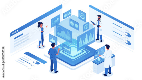Isometric illustration of medical professionals and scientists analyzing big data and healthcare analytics with advanced technology.