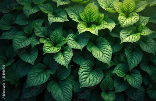 Rich green leaves create dense natural texture. Sunlight filters through canopy, illuminating vibrant plant life. This verdant foliage pattern offers fresh organic background for various designs.