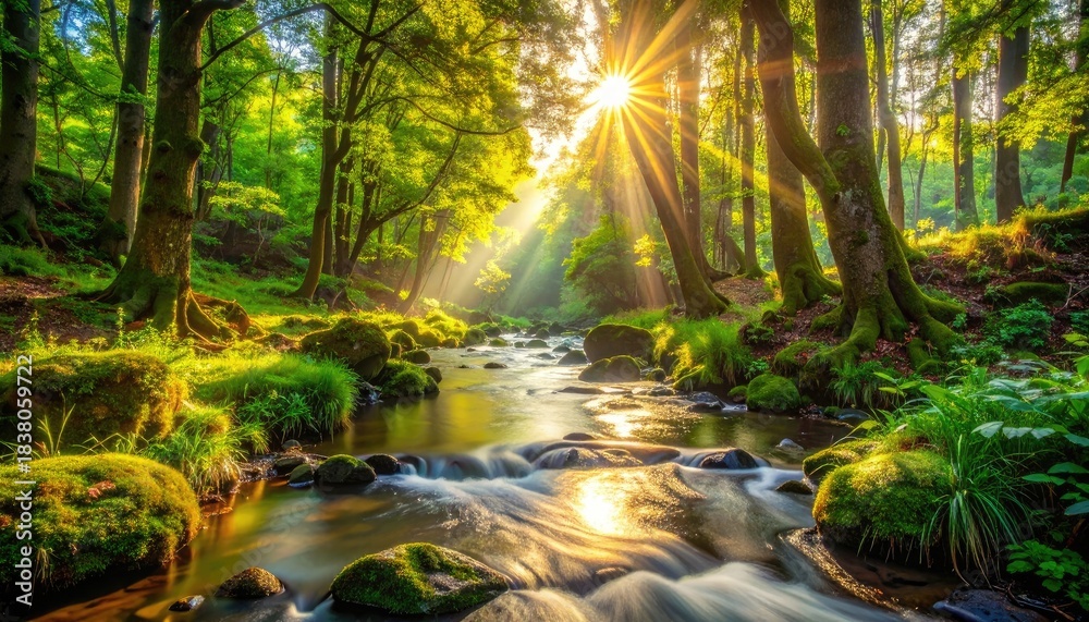 Fototapeta premium Sunbeams pierce through a dense, mossy forest canopy illuminating a clear, flowing stream over river rocks.