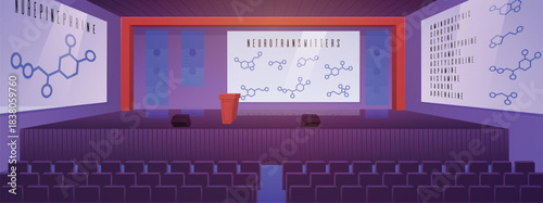Lecture hall in university or college, vector flat empty auditorium class with medical science presentation on screens