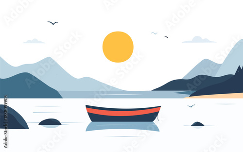 Peaceful Lake Landscape with a Lone Boat at Sunset