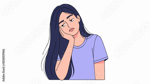 Sad Young Woman With Long Dark Hair Resting Her Chin On Her Hand With A Bored Expression On Her Face Against A Black Background