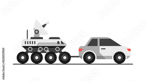 Scientific Rover Vehicle With Satellite Dish Towing a Modern Automobile Across a Dark Background.