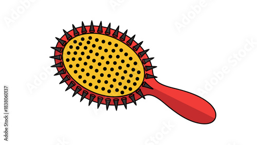Red Handled Oval Hair Brush With Yellow Bristles And Black Tips Isolated On Black Background