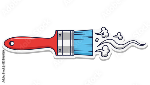 Red handled paintbrush with blue bristles creating wisps of smoke or cloud like artistic effect on a black background pixel art style illustration