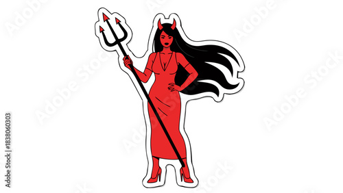 Red Woman Devil Character Holding Trident Standing Confidently With Long Flowing Black Hair Horns On Head And Red Dress In A Black Background Artistic Illustration