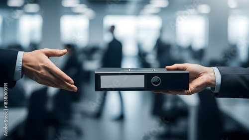 Handing over a binder with important documents in a business setting, representing transfer of responsibility or information