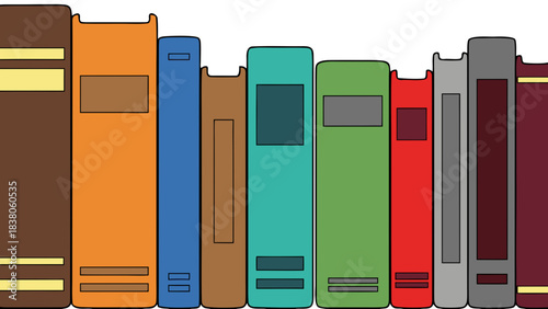 Row Of Colorful Books Standing On Shelf In Library Or Bookstore With Black Background And Simple Illustration Style