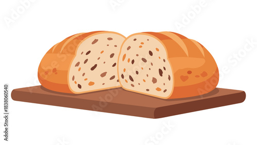 Round loaf of bread sliced in half revealing a textured interior of grains and seeds resting on a wooden cutting board with a clean black background offering a simple wholesome food illustration