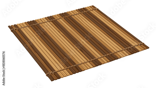 Rustic Woven Bamboo Mat with Twine Binding Natural Wood Tones on Black Background