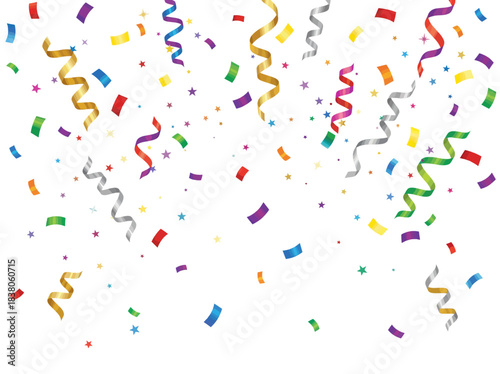 Colorful confetti and streamers falling against a white background, celebrating a festive occasion