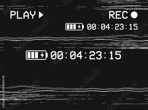 Retro video recording interface with play and rec indicators, battery level, and timestamp, reminiscent of vintage VHS tapes and old cameras