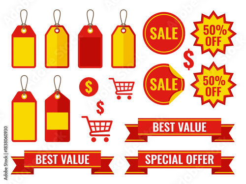 Collection of Sale Tags, Banners, and Icons Promoting Discounts and Special Offers