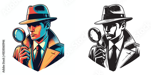 vector and silhouette set of detectives on white background