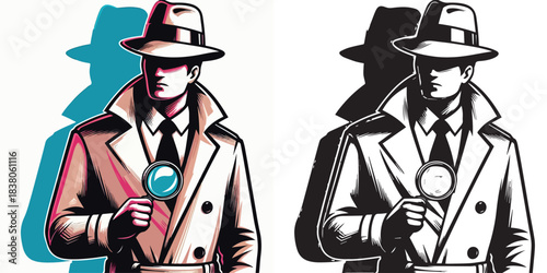 vector and silhouette set of detectives on white background