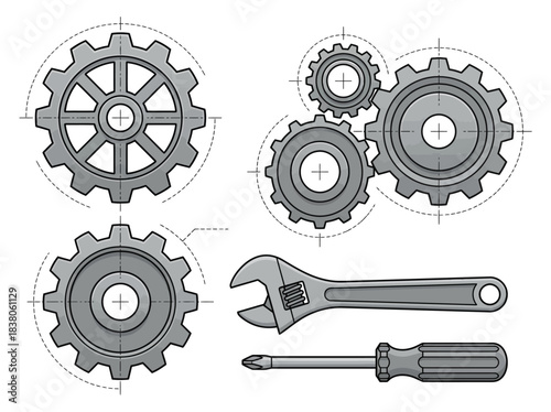 Technical illustration of interlocking gears and tools in a mechanical setup