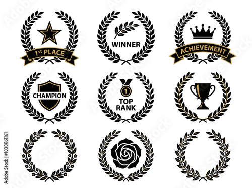 Versatile collection of elegant laurel wreath vector illustrations, showcasing symbols of victory, champion status, and prestigious achievement for award designs and recognition