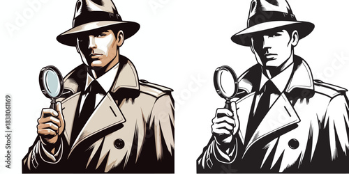vector and silhouette set of detectives on white background