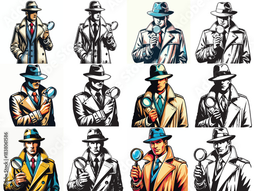 vector and silhouette set of detectives on white background