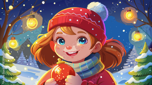 Very beautiful close-up portrait of a smiling little girl wearing a red winter hat, cheeks rosy from the cold, holding a small Christmas ornament, surrounded by soft snow and warm holiday lights.